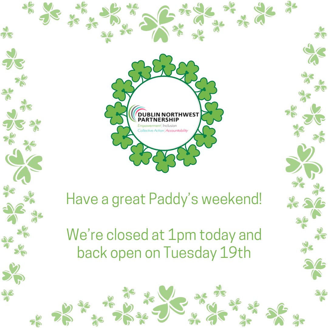 We're closing at 1pm today and we'll be back open on Tuesday 19th. Hope you have a great bank holiday weekend! #dublinnorthwest #StPatricksDay2024