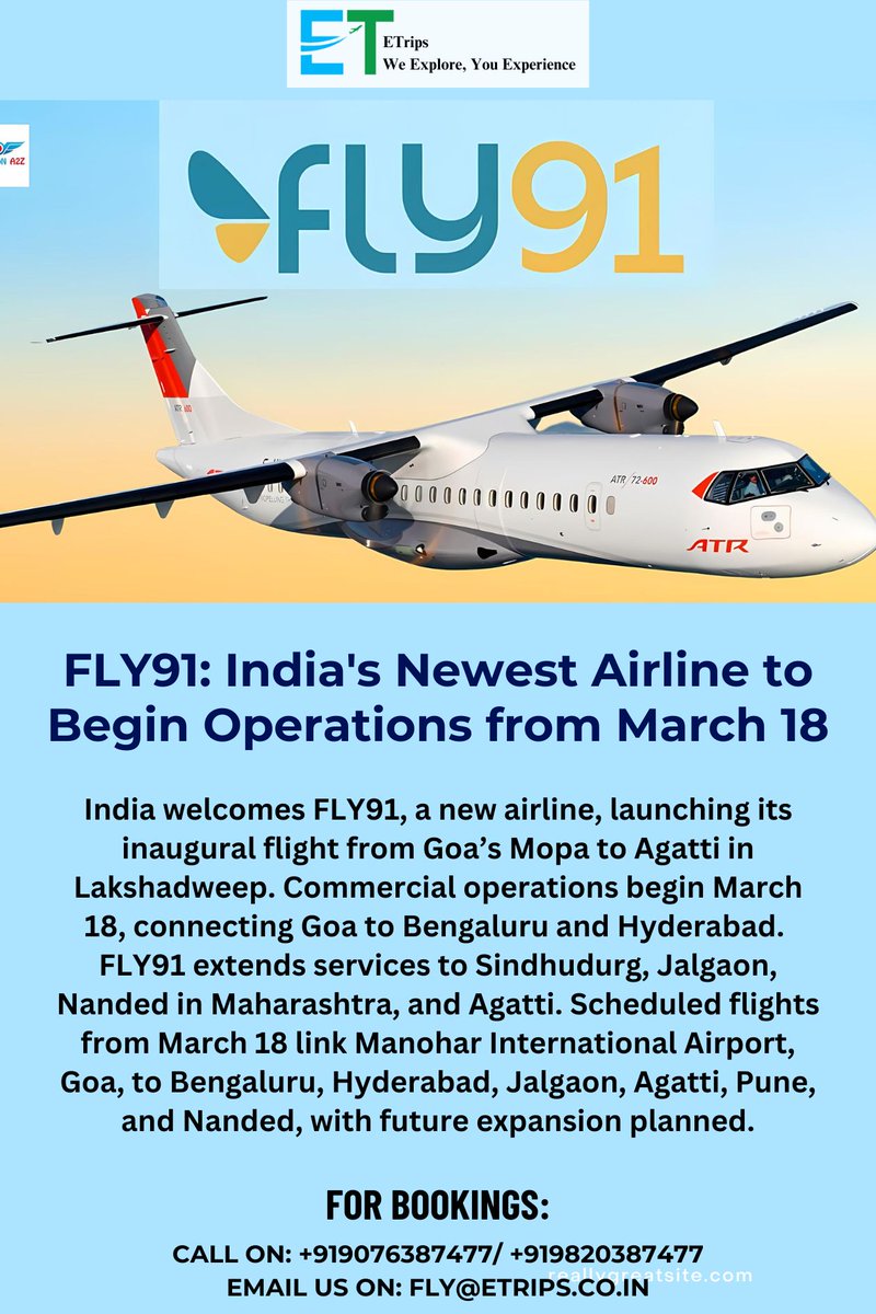 FLY91: India's Newest Airline to Begin Operations from March 18
@fly91_IN #FLY91 #NewAirline #IndiaTravel #FlightLaunch #March18 #Etrips #Flightbooking #Hotelbooking #Tourpackage #Booknow #AviationNews #TravelUpdates #AirlineLaunch #IndiaAviation #ExcitingTimes #Travelnews