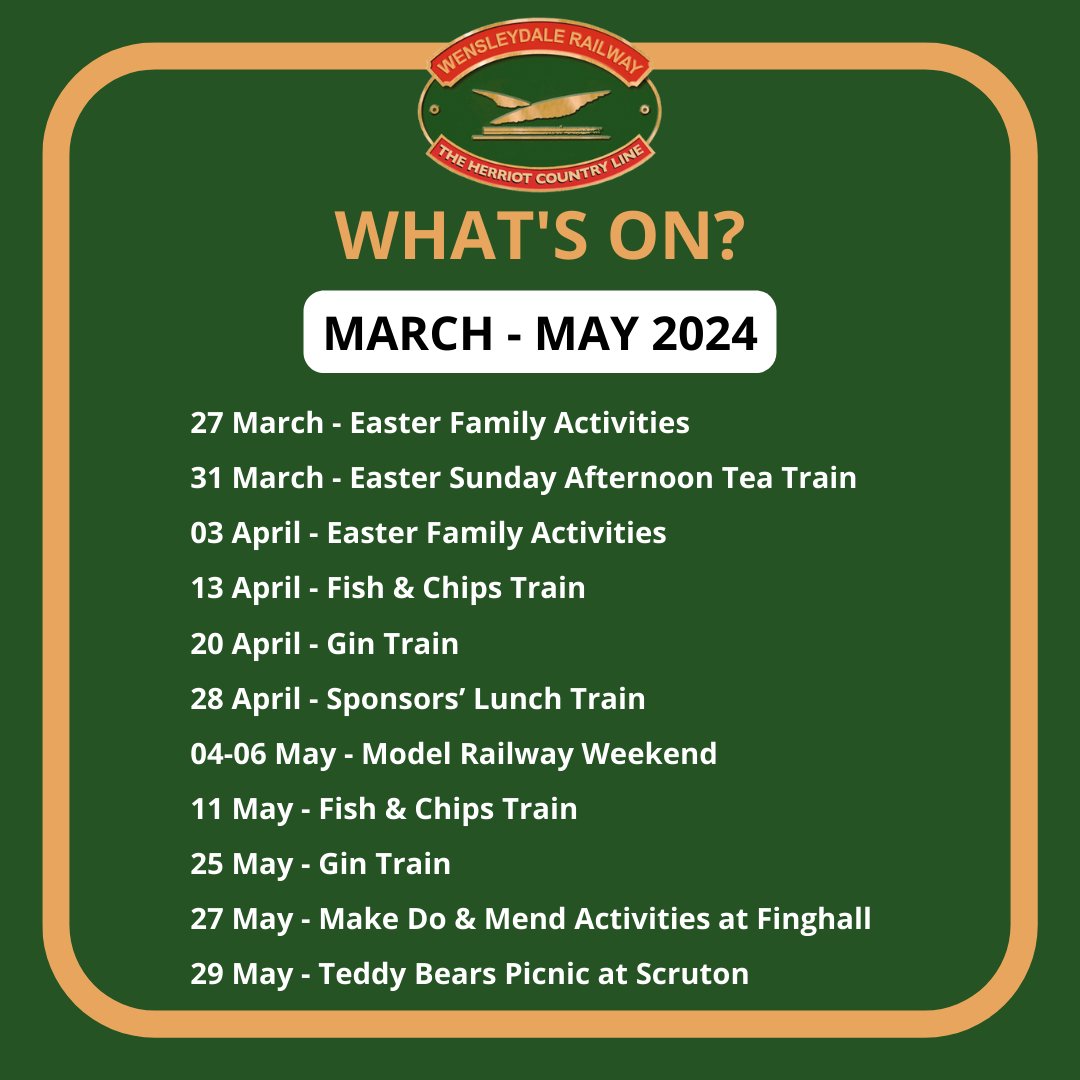 We have plenty of events & activities planned for this year ... here's what's coming up soon. Get booking now! wensleydale-railway.co.uk/events_and_exp… Contact: admin@wensleydalerailway.com / 01677 425805 #wensleydalerailway #yorkshire #events