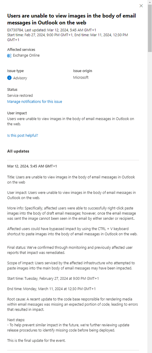 flotrine1's tweet photo. Hi @MSFT365Status @MicrosoftHelps , 
The incident EX730784 marked as "service restored - March 12" is still in progress. Users cannot paste images into email body.  
See many reports here : https://t.co/1VQ0ZY3p13 )
Please solve the issue.
#outlook https://t.co/t6HpFTkPnF
