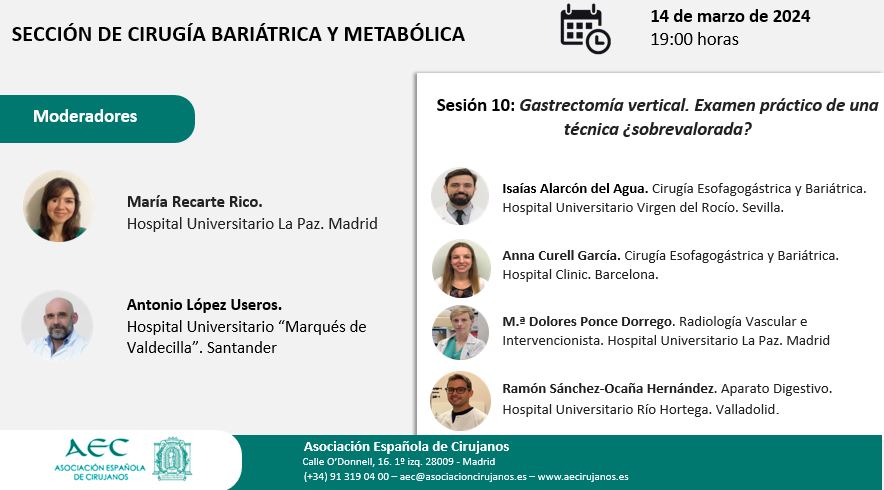 No te pierdas esta tarde a las 19 h el #aulavirtual que organiza la sección de <a href="/aec_obesidad/">AEC-SECO</a> ➡️Gastrectomía vertical. Examen práctico de una técnica ¿sobrevalorada?
👇👇👇
us02web.zoom.us/webinar/regist…

<a href="/recarterico_me/">María Recarte Rico</a> <a href="/LopezUseros/">Antonio López Useros</a> <a href="/AnnaCurell/">Anna Curell</a>