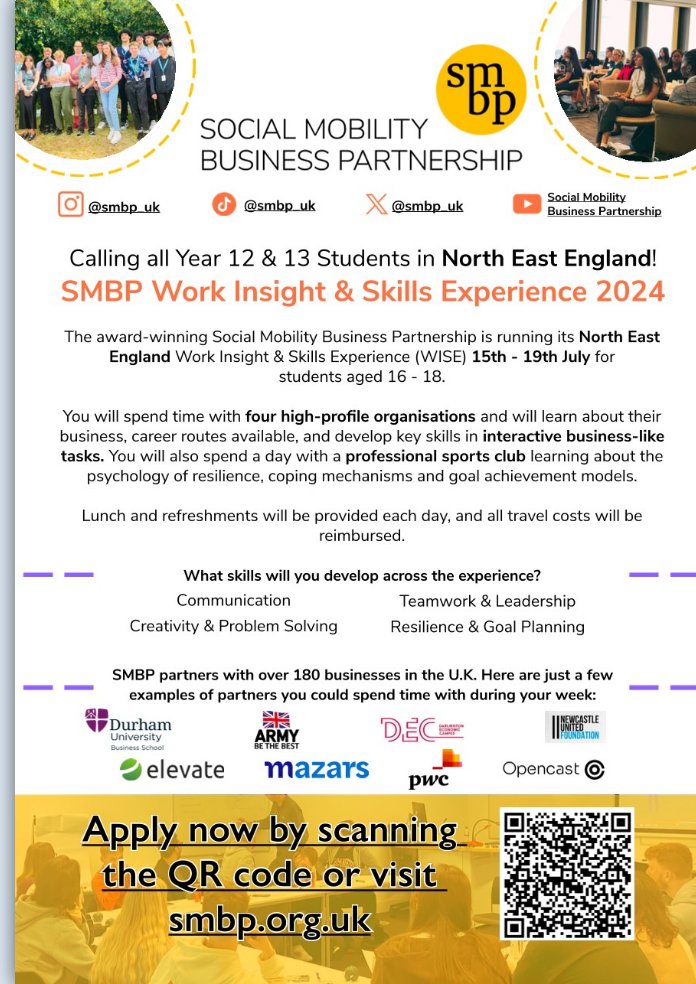 Calling all year 12 & 13 students in North East England! @SMBP_UK is running its Work Insight & Skills Experience on 15th - 19th July for students aged 16 to 18 Including visiting @DEC_Darlington to learn about civil service careers Scan the QR code below to find out more ⬇