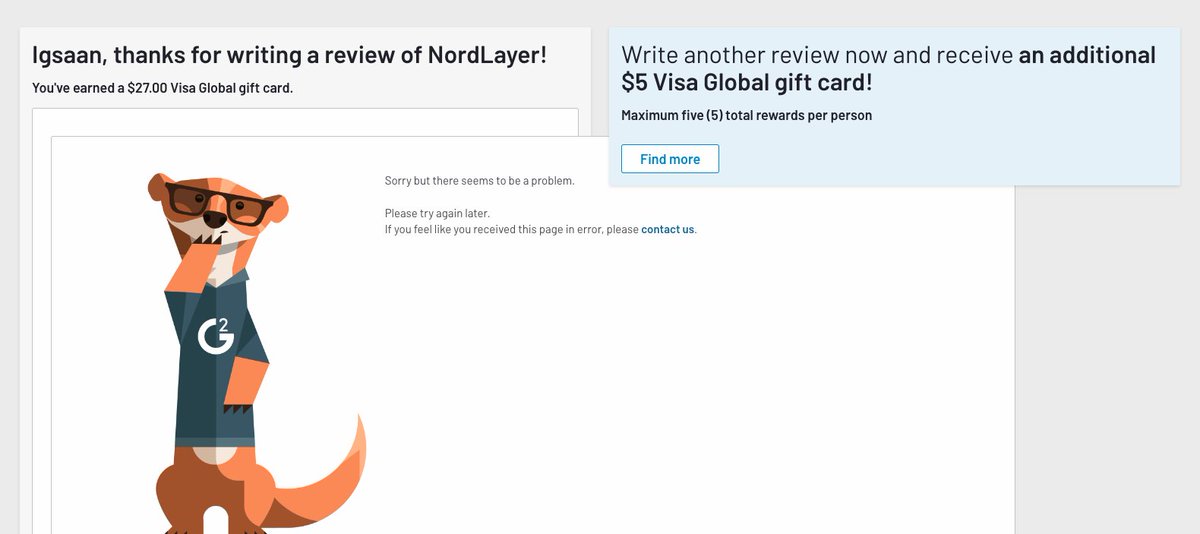 igsaan's tweet photo. @G2dotcom I dropped a review but when i try to claim my reward I still get this error? You have no support process so here's me on Twitter asking for help! https://t.co/44R3xF9X70
