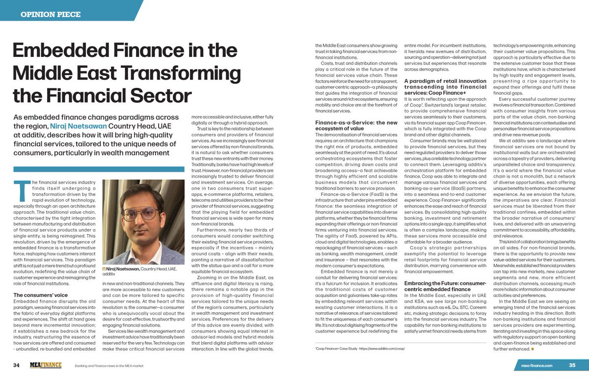 additiv (@additivag) on Twitter photo Welcome to the March 2024 edition of MEA Finance Magazine, where Niraj Naetsawan, Country Head UAE at additiv explores the effects of #EmbeddedFinance in transforming the financial sector across Middle East.
Click here to read the full magazine:
issuu.com/meafinance/doc… Welcome to the March 2024 edition of MEA Finance Magazine, where Niraj Naetsawan, Country Head UAE at additiv explores the effects of #EmbeddedFinance in transforming the financial sector across Middle East.
Click here to read the full magazine:
issuu.com/meafinance/doc…
