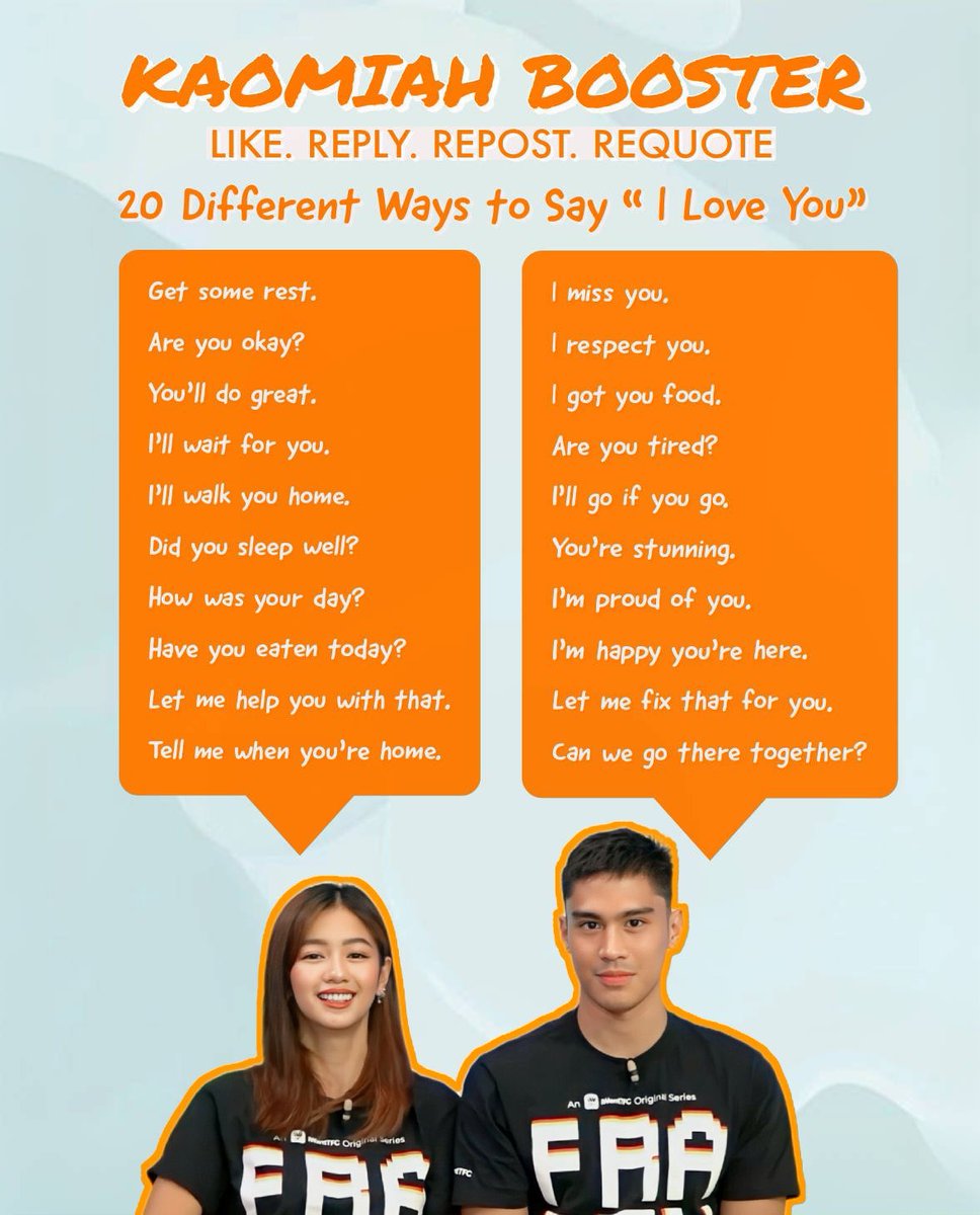 [ENGAGEMENT BOOSTER]

20 different ways to say i love you

Keep tweeting fam and don’t forget to use our tagline

KAOMIAHgical PROMise
#KaoMiah