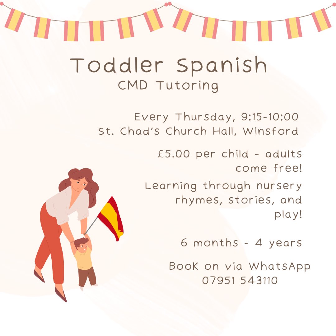🇪🇸 #Winsford 🇪🇸

From Thursday 21st March, we’ll be at St. Chad’s Church Hall with our Toddler Spanish groups!

£5 per child with a sibling discount, our group will introduce your little one to languages! 

Spaces are limited, so please do book on to avoid disappointment!
