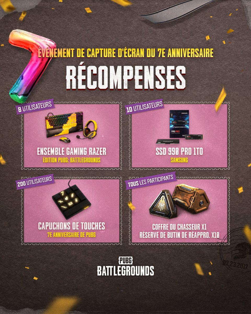 Vous vous éclatez au cours de la fête pour notre 7e anniversaire ? Profitez encore plus en chopant des objets bonus avec l'Événement de Capture d'Écran 🥳

Plus d'infos 👉 pubg.com/fr/events/noti…

Formulaire pour vous inscrire 👉 forms.gle/mZ73624JrDRkAy…
