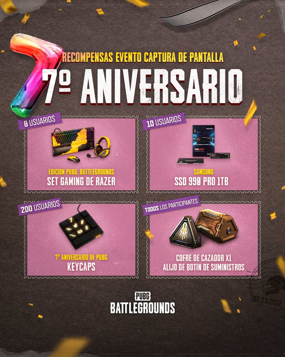 ¿Lo estáis pasando bomba con el 7.º aniversario? Tenéis más recompensas en el evento de captura de pantalla 🥳

Detalles del evento 👉 pubg.com/es-es/events/n…

Completad la inscripción para uniros 👉 forms.gle/mZ73624JrDRkAy…