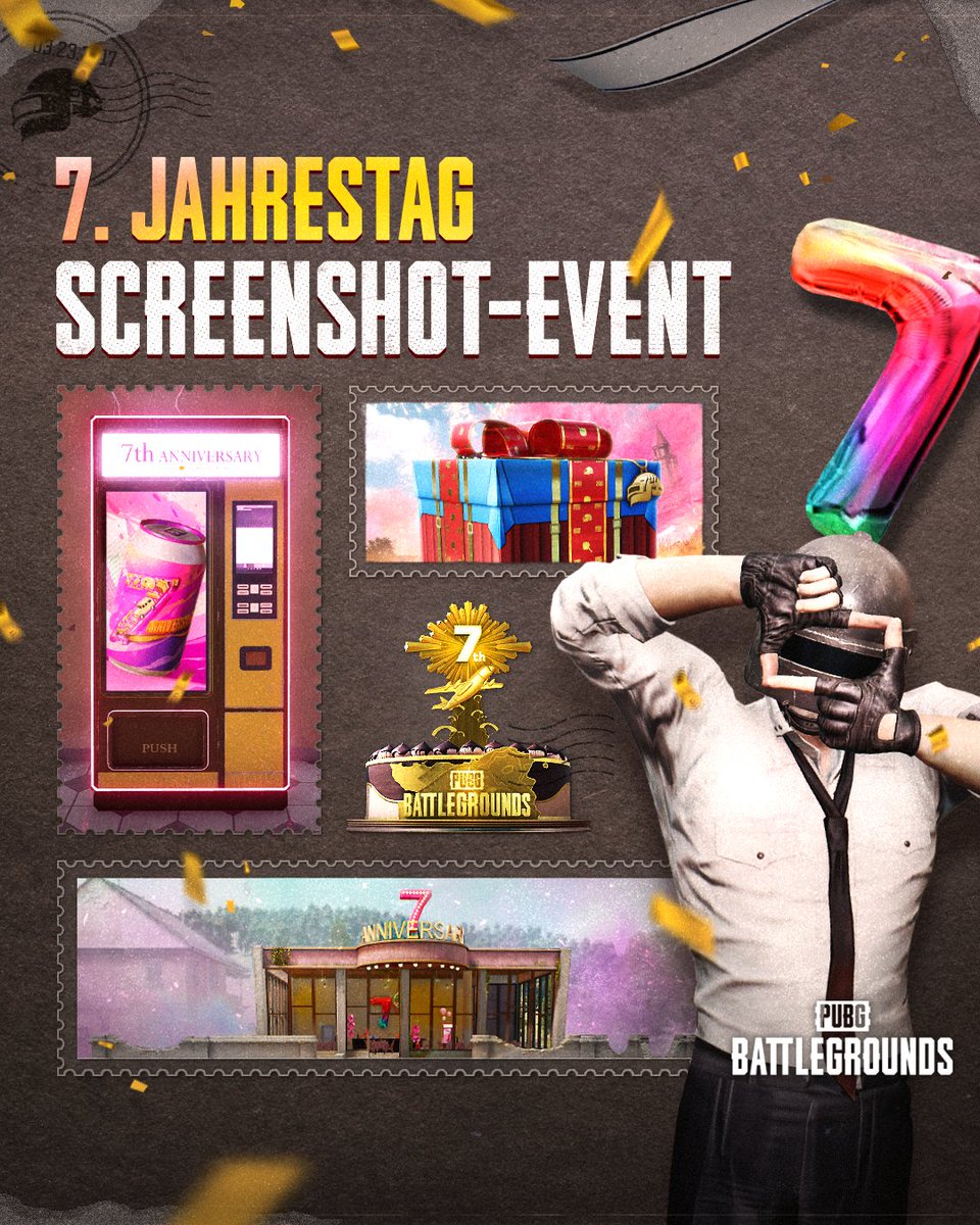 PUBG_DE's tweet photo. Habt ihr Spaß auf unserer Party zum 7. Jahrestag? Lasst es richtig krachen, indem ihr euch mit dem Screenshot-Event zusätzliche Belohnungen holt 🥳

Event-Details 👉 https://t.co/14qo4Na4et

Anmeldung zur Teilnahme 👉 https://t.co/GIBcSi5nAF https://t.co/gTnJG0fWl2