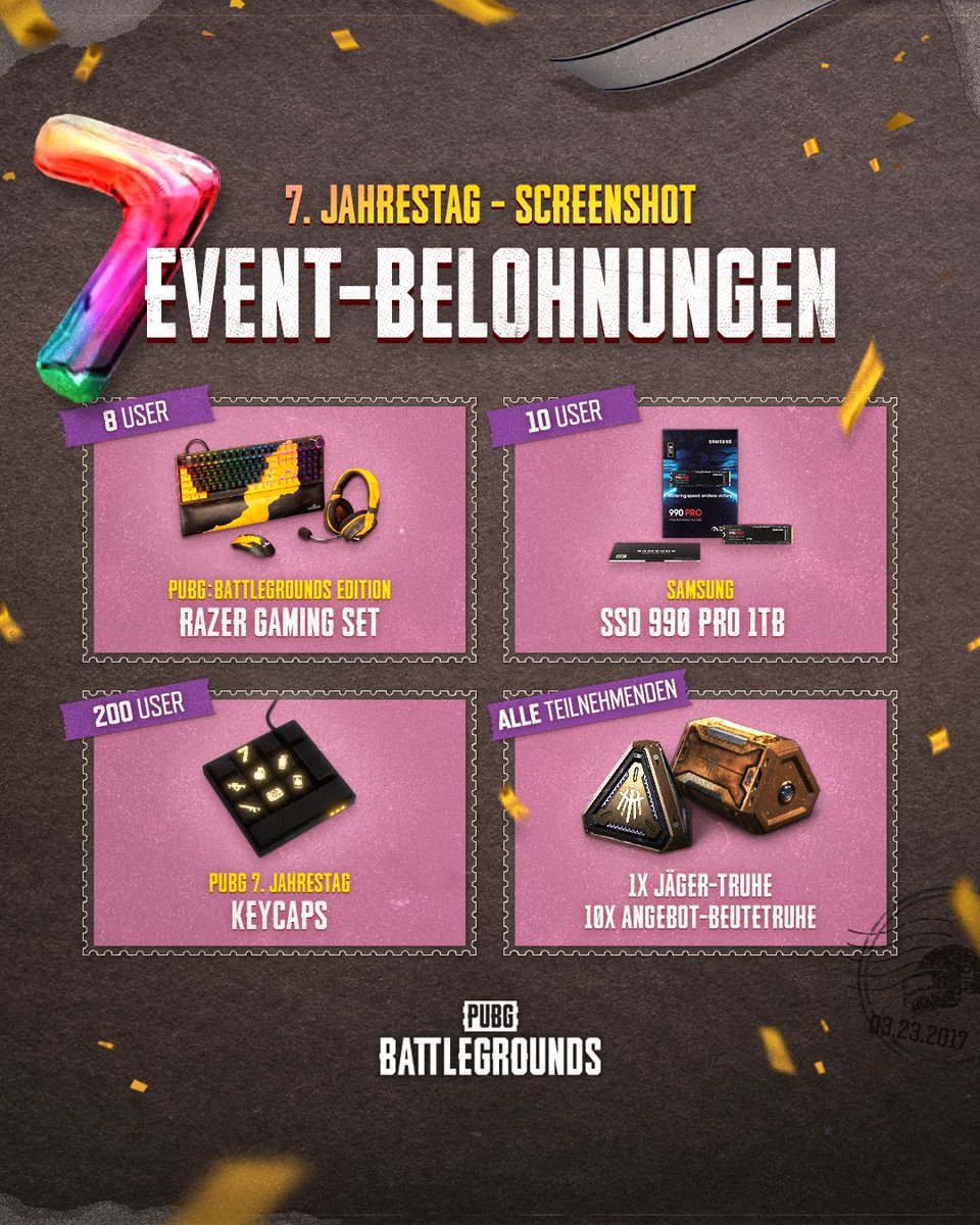 Habt ihr Spaß auf unserer Party zum 7. Jahrestag? Lasst es richtig krachen, indem ihr euch mit dem Screenshot-Event zusätzliche Belohnungen holt 🥳

Event-Details 👉 pubg.com/de/events/noti…

Anmeldung zur Teilnahme 👉 forms.gle/mZ73624JrDRkAy…