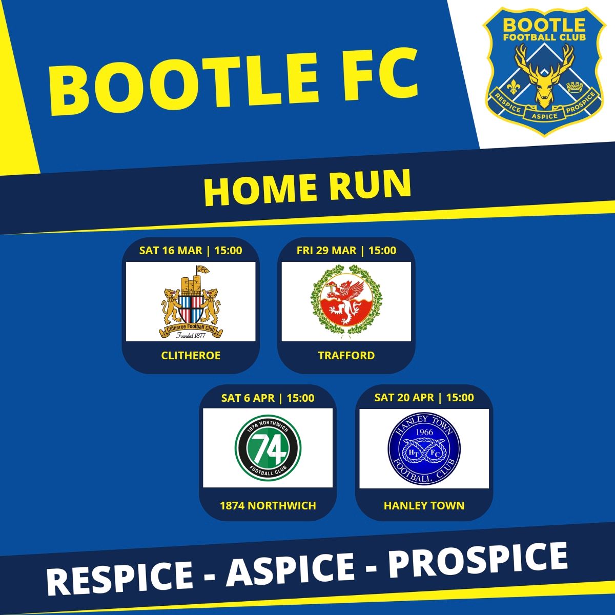 4️⃣ Just 4 home games left this season

⏩ Up next at home

🎟️ Pay what you want

👏 Get Behind the Bucks in their playoff push <a href="/bbcmerseysport/">BBC Sport Merseyside</a> @seftonbubble <a href="/LivEchoSport/">Liverpool Echo Sport</a>

🆚 <a href="/ClitheroeFC/">Clitheroe FC</a>
📆 Sat 16 Mar
🕒 15:00
🏆 <a href="/NorthernPremLge/">The Pitching In Northern Premier League</a>
📍 Berry Street Garage Stadium

#UpTheBucks