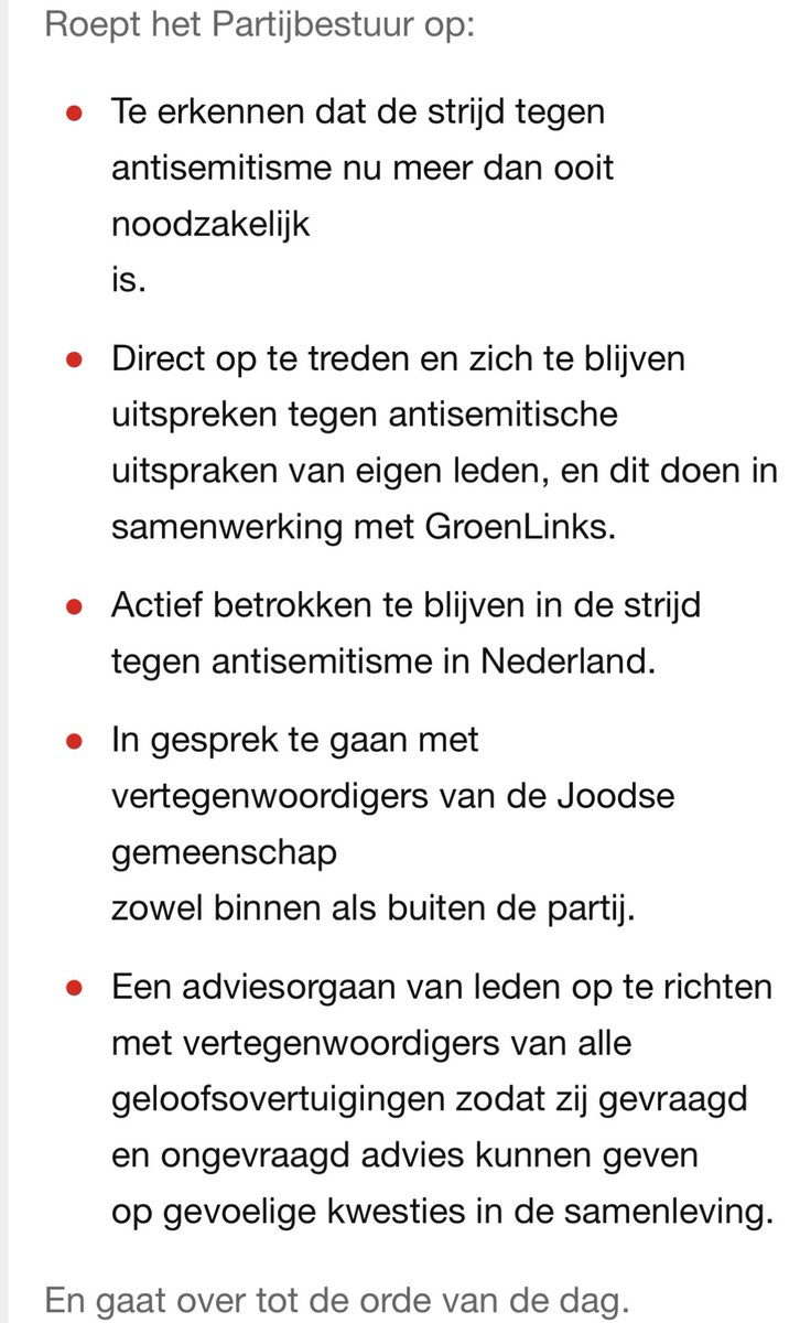 Geluiden van Joodse leden die hun partij niet herkennen en/of hun
lidmaatschap op hebben gezegd moeten ons tot het bot toe raken. Waarmee
wij de ziel van de sociaal democratie verliezen. Daarom heb ik samen met oa <a href="/KerenHirsch/">Keren Hirsch 🎗️</a> en Gerdi Verbeet deze motie ingediend.