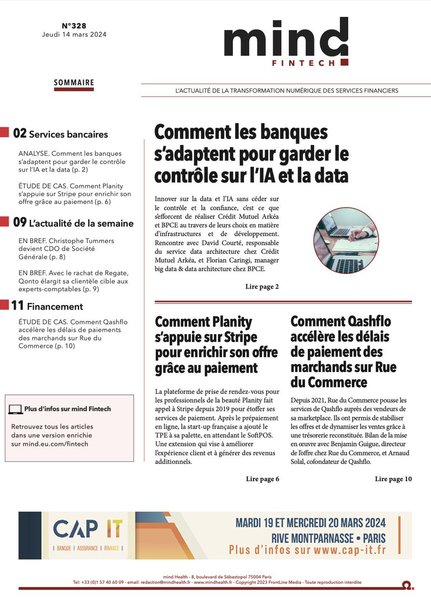 📯 [Hebdo n°328] Au sommaire de <a href="/mindfintech/">mind Fintech</a> 
👉 lnkd.in/eXf-fAgM
☑️ Comment les banques s’adaptent face à l’IA et à la data 
☑️ Comment <a href="/planityofficiel/">Planity</a> s’appuie sur <a href="/stripe/">Stripe</a> pour enrichir son offre
☑️ Comment Qashflo accélère les délais de paiements sur <a href="/rueducommerce/">Rue du Commerce</a>