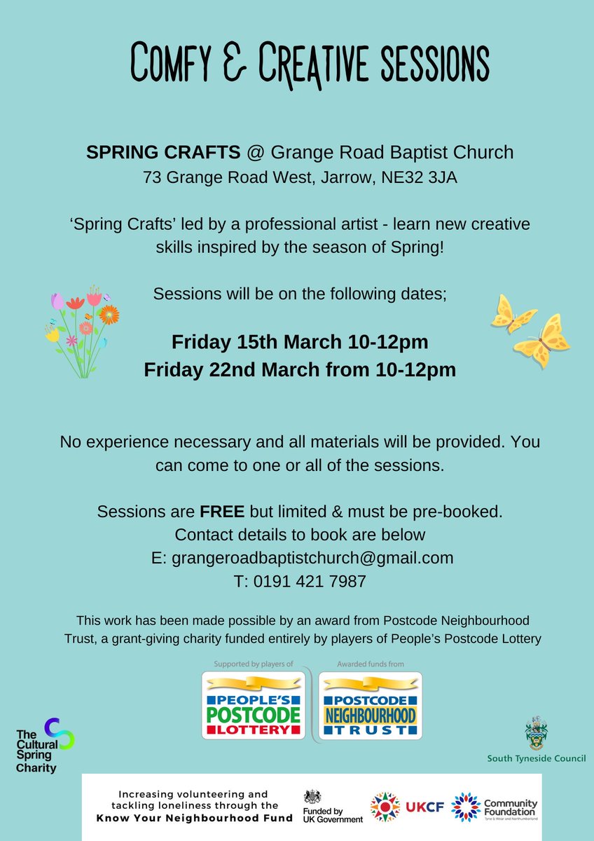 SPRING CRAFTS @ Grange Road Baptist Church 73 Grange Road West, Jarrow, NE32 3JA 'Spring Crafts' led by a professional artist - learn new creative skills inspired by the season of Spring! Sessions will be on the following dates; Fri 15th March 10-12pm Fri 22nd March from 10-12pm