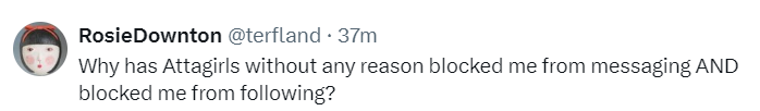 StrangeExits's tweet photo. @TheAttagirls May one ask why a longstanding disabled lesbian radfem prize-winning author and major terfragette has been rudely blocked by you - without explanation or reason? https://t.co/LRu6UFTsHj