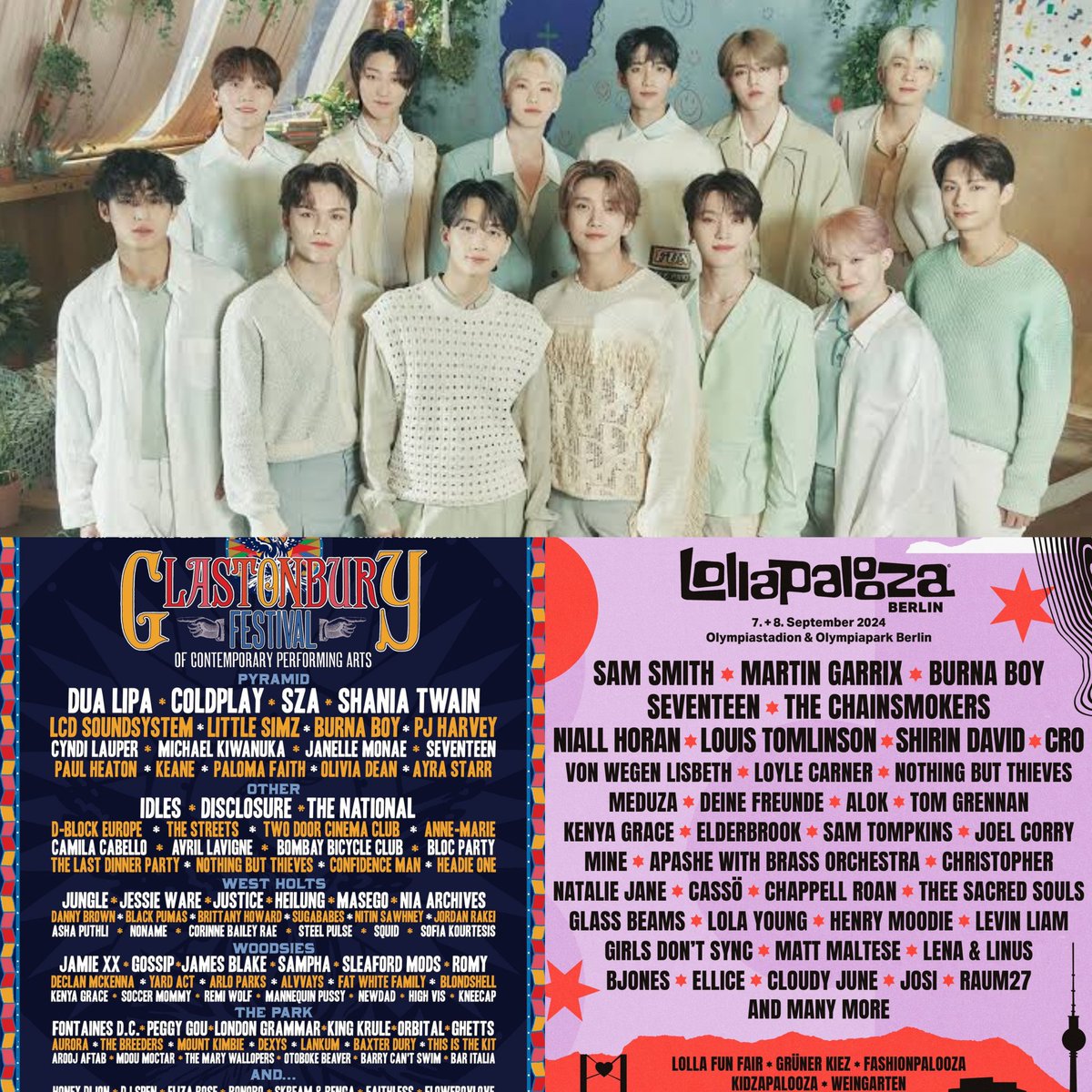 philconcerts's tweet image. SEVENTEEN will be part of two of the biggest music festivals in Europe.

JUNE - GLASTONBURY
SEPT - LOLLAPALOOZA