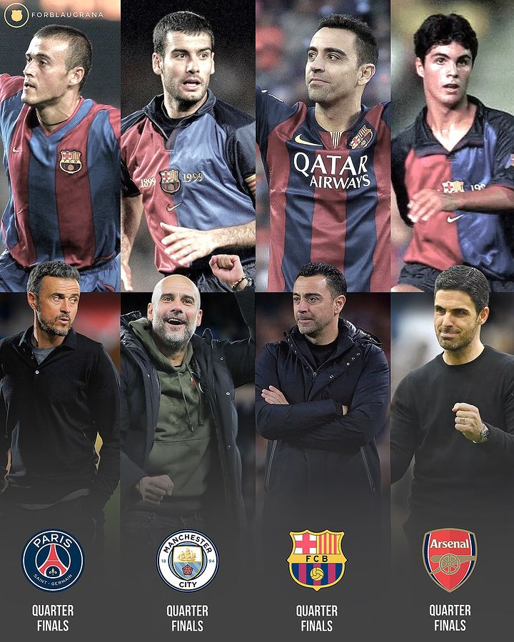 PrinceSefadzi's tweet photo. Half of the coaches in the quarter finals were Barca players. Never knew Arteta once played for Barcelona. #blaugrana #Barcelona #ChampionsLeague #football https://t.co/Jm35GuJSli