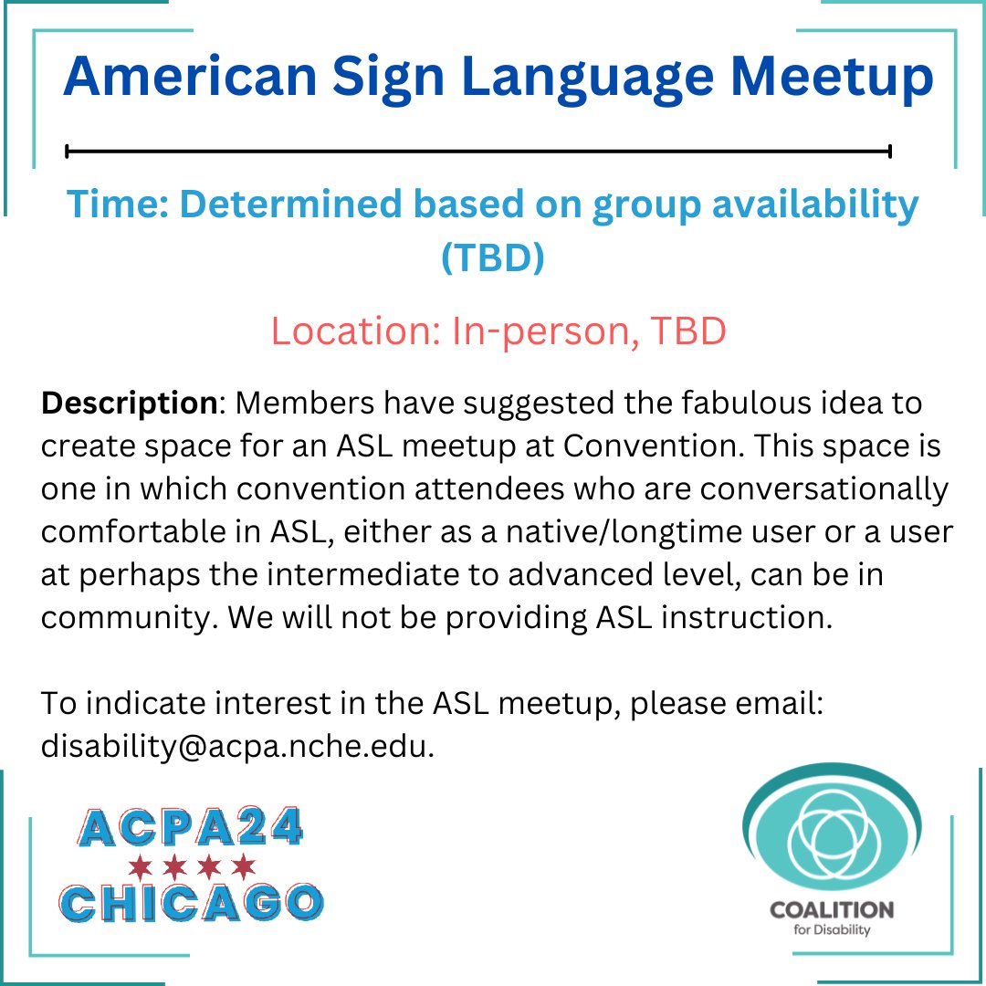 Hey #ACPA24 Attendees! We are asking for folks who are signers to join us for an ASL meetup at convention!