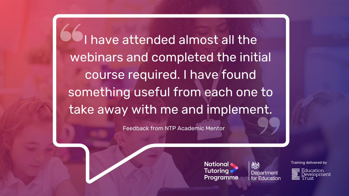 edtvoice's tweet image. EDT is committed to providing high-quality and comprehensive @NTProgramme training in England.

92% of School-Led Tutors and Academic Mentors rate our #tutortraining as good or outstanding.

Find out more: ow.ly/Tn6450QKAUN

#NationalTutoringProgramme #Tutoring #NTP