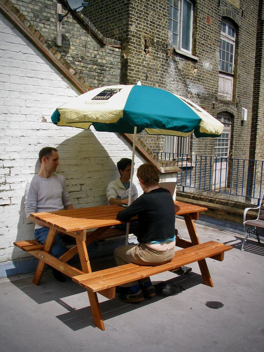 Back at 59 Rivington Street, the Fat Beehive office was accessed by an outside roof, which was quickly turned into a terrace with a picnic bench and umbrella. Staff would sit, have a break, coffee, beer or sometimes a meeting.
#SociableStaff
#FatBeehive25years
#nonprofit