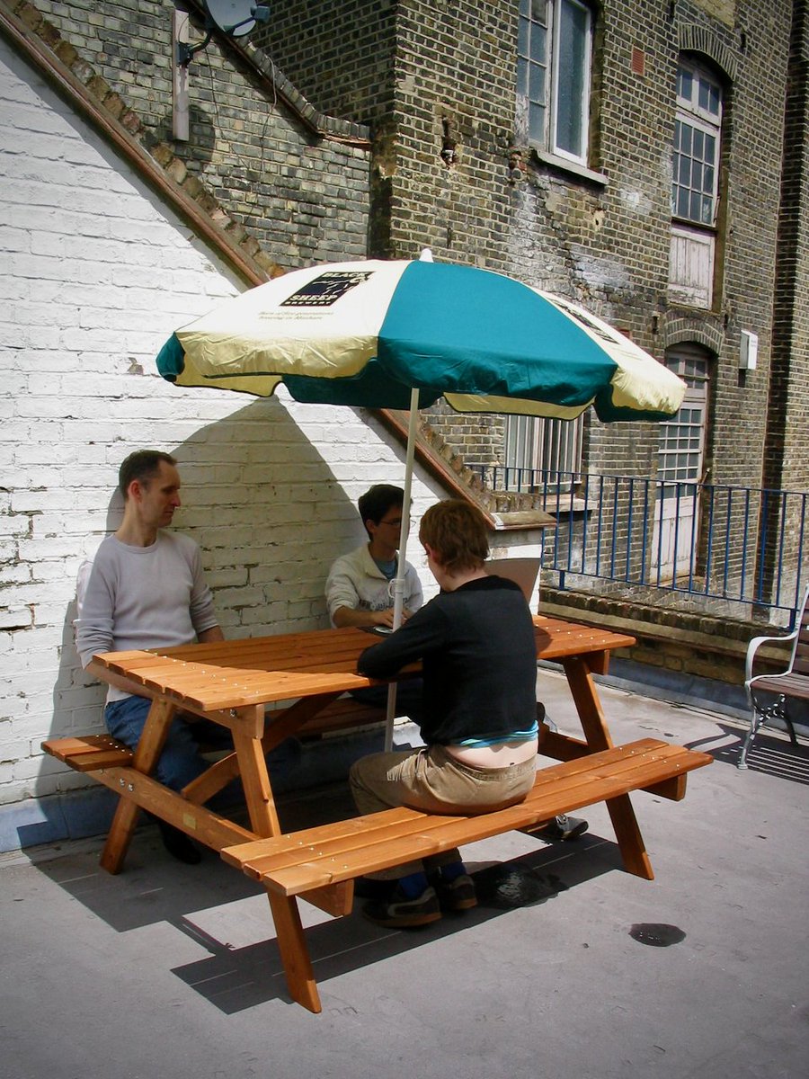 Back at 59 Rivington Street, the Fat Beehive office was accessed by an outside roof, which was quickly turned into a terrace with a picnic bench and umbrella. Staff would sit, have a break, coffee, beer or sometimes a meeting. #SociableStaff #FatBeehive25years #nonprofit