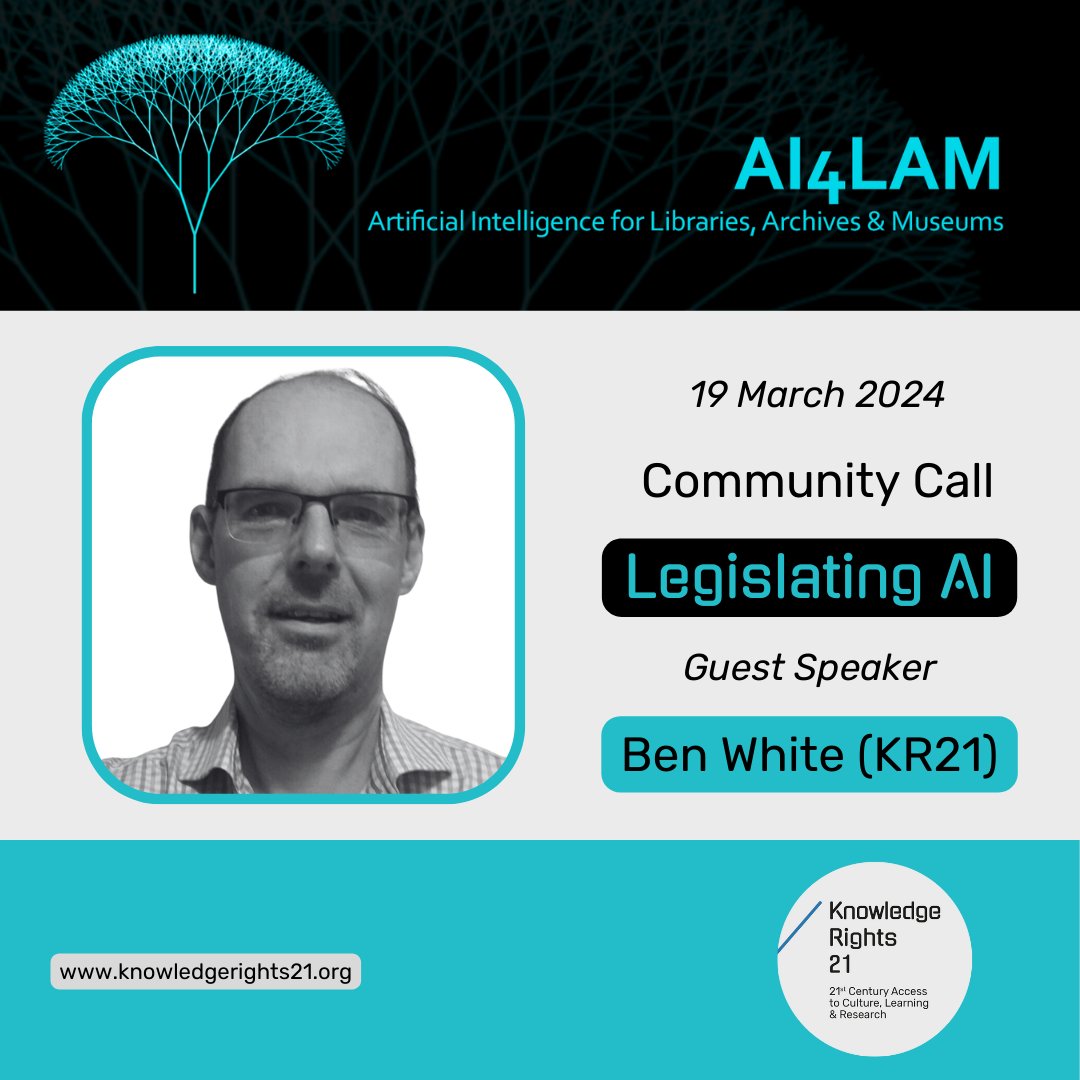 🤖 Tue, 19 March, KR21’s Ben White talks AI at the next <a href="/ai4lam/">ai4lam</a> Community Call. He’ll discuss #AI legislation, #copyright questions, #libraries, #archives &amp; #museums as sources of AI training data, and vendor relationships. Details: docs.google.com/document/d/1RL…
#AI4LAM