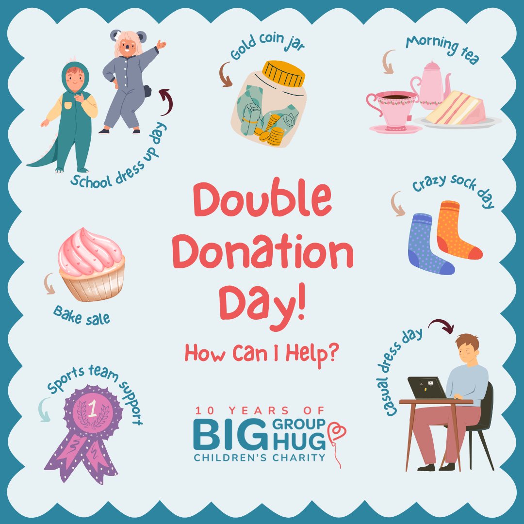 Double Donation Day is approaching! Why not set up a gold coin jar, host a morning tea, bake sale, or have a dress-up/casual dress day at school or work. These cost-free ideas let everyone contribute. Ask your boss to match for double impact > ow.ly/pAgZ50QRQTY