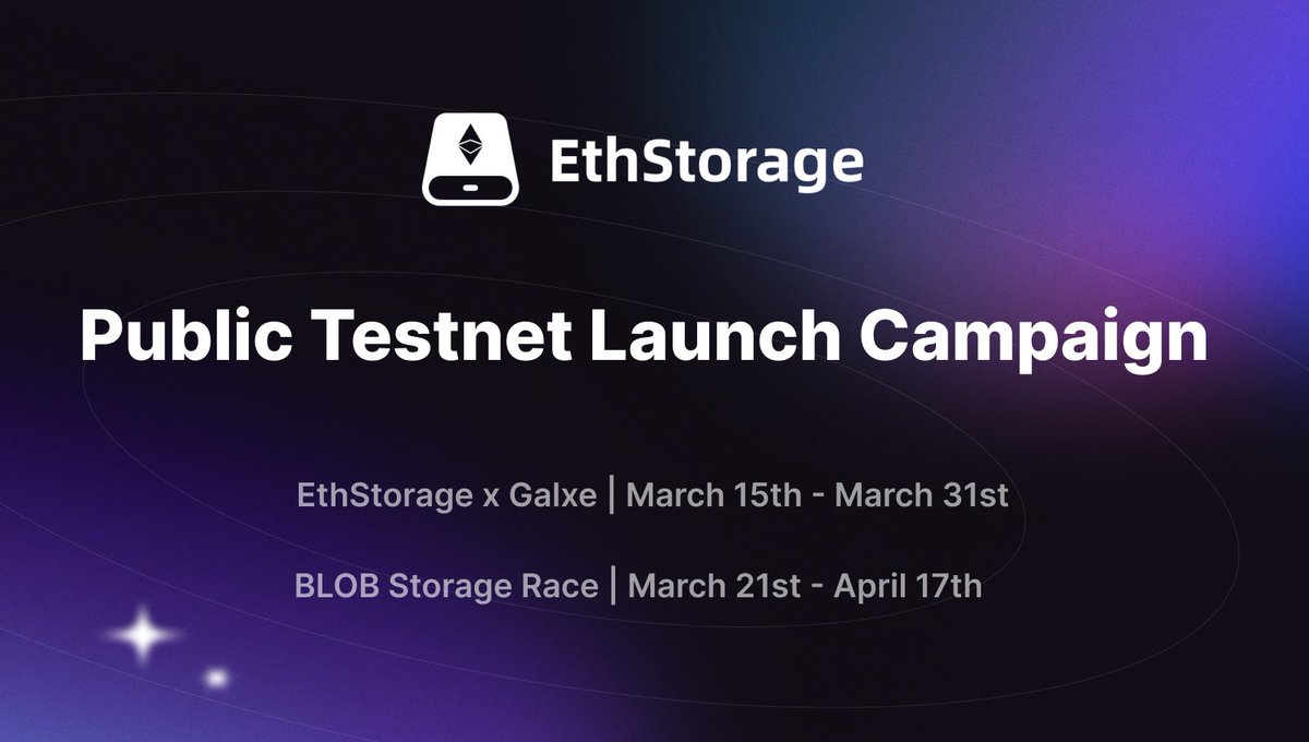 EthStorage (@ethstorage) on Twitter photo Weโre thrilled to announce that #EthStorageโs first point-based public Testnet, integrated with EIP-4844, is live! ๐ป๐ฅณ๐
To celebrate this significant milestone, we will launch two campaigns:
1โฃ Visit <a href="/Galxe/">Galxe</a> to earn 180 points by completing designated tasks.
Time: Mar. 15 Weโre thrilled to announce that #EthStorageโs first point-based public Testnet, integrated with EIP-4844, is live! ๐ป๐ฅณ๐
To celebrate this significant milestone, we will launch two campaigns:
1โฃ Visit <a href="/Galxe/">Galxe</a> to earn 180 points by completing designated tasks.
Time: Mar. 15