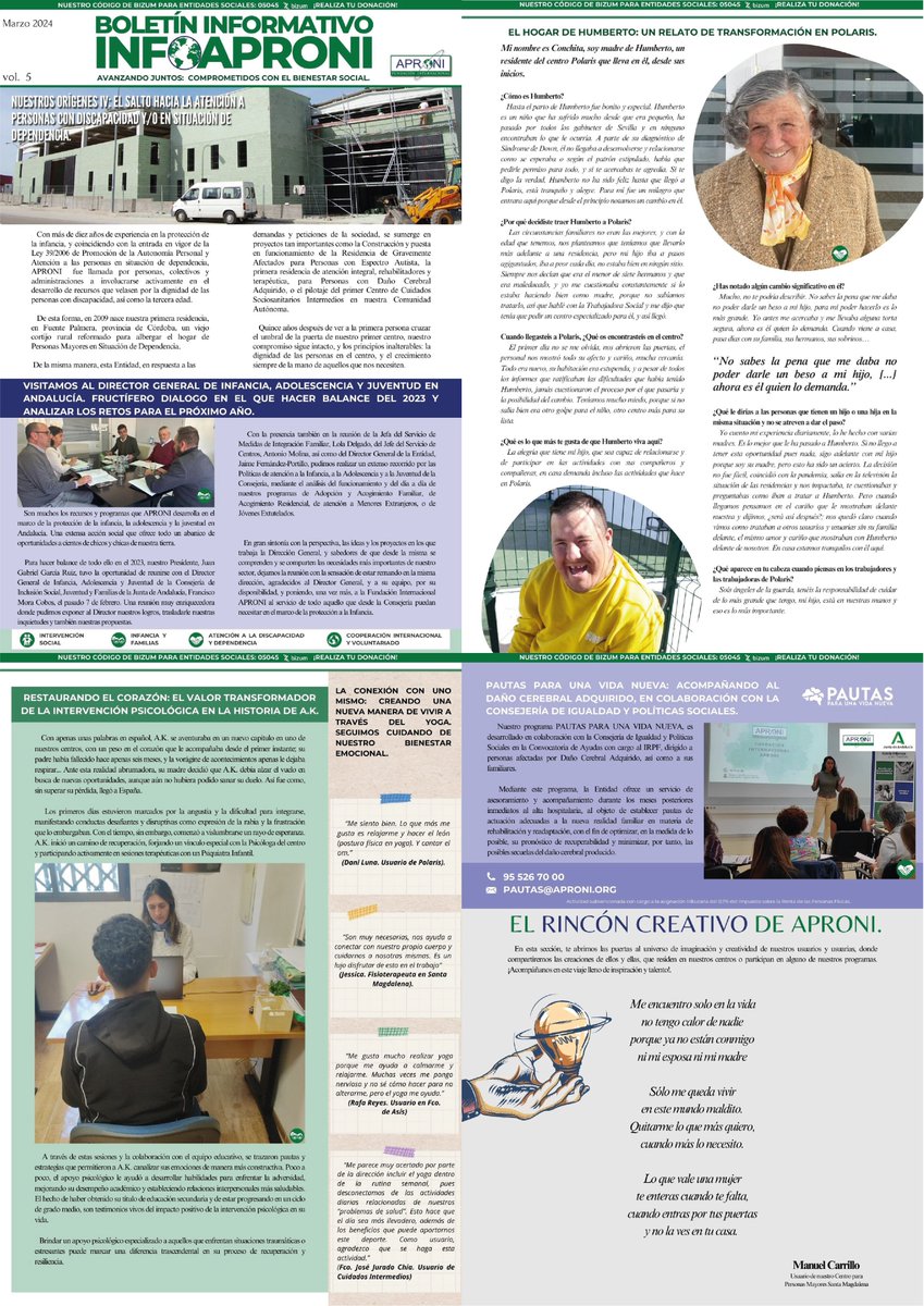 INFOAPRONI#5 
Este mes compartimos historias increíbles de superación, nuestra reunión con @Pacomorahu, D.G de Infancia , adolescencia y Juventud, y la creatividad de nuestras personas usuarias. Suscríbete gratuitamente al boletín en aproni.org.