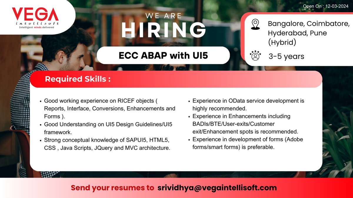 #vegaintellisoft #job #career #hiring #wearehiring #vega #ECCABAP #ABAPDeveloper #ABAPProgramming #SAPUI5 #UI5Developer #SAPDevelopment #SAPJobs #ABAPUI5 #ABAPUI5Developer #ABAPUI5Jobs #SAPUI5Jobs #SAPUI5Consultant #ABAPUI5Programming #SAPUI5Development #SAPABAPUI5