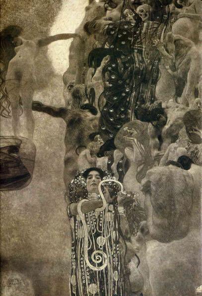 Gustav Klimt’in Naziler tarafından 1945 yangınında yok edilen, Viyana Fakültesi için yaptığı üç duvar resminden Tıp bölümü için olan 1901 tarihli ‘Tıp’ çalışması. Resmin sağ tarafında hayatın akışı simgeleniyor. #14marttıpbayramıkutluolsun