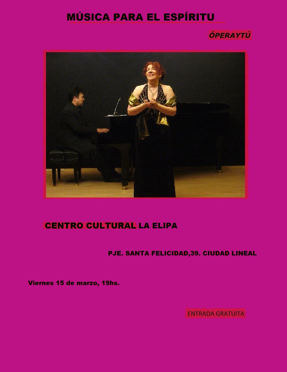 operaytu's tweet photo. ¡Buenos días! Óperaytú se complace en anunciar su próxima actuación el próximo viernes 15 de marzo a las 19hs en el Centro Cultural La Elipa
Un saludo https://t.co/TWGZqORNEV