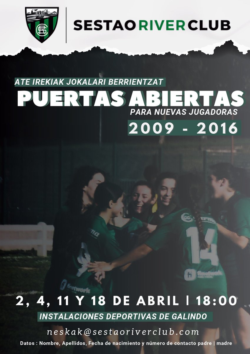 👧🏻 ¿El fútbol es tu pasión?

💚🖤 ¿Tu corazón late en verdinegro?

🙌🏼 ¡No lo dudes y ven a las puertas abiertas para nuevas jugadoras del Sestao River!

📆 2, 4, 11 y 18 de abril en Galindo.

#GoazenRiver