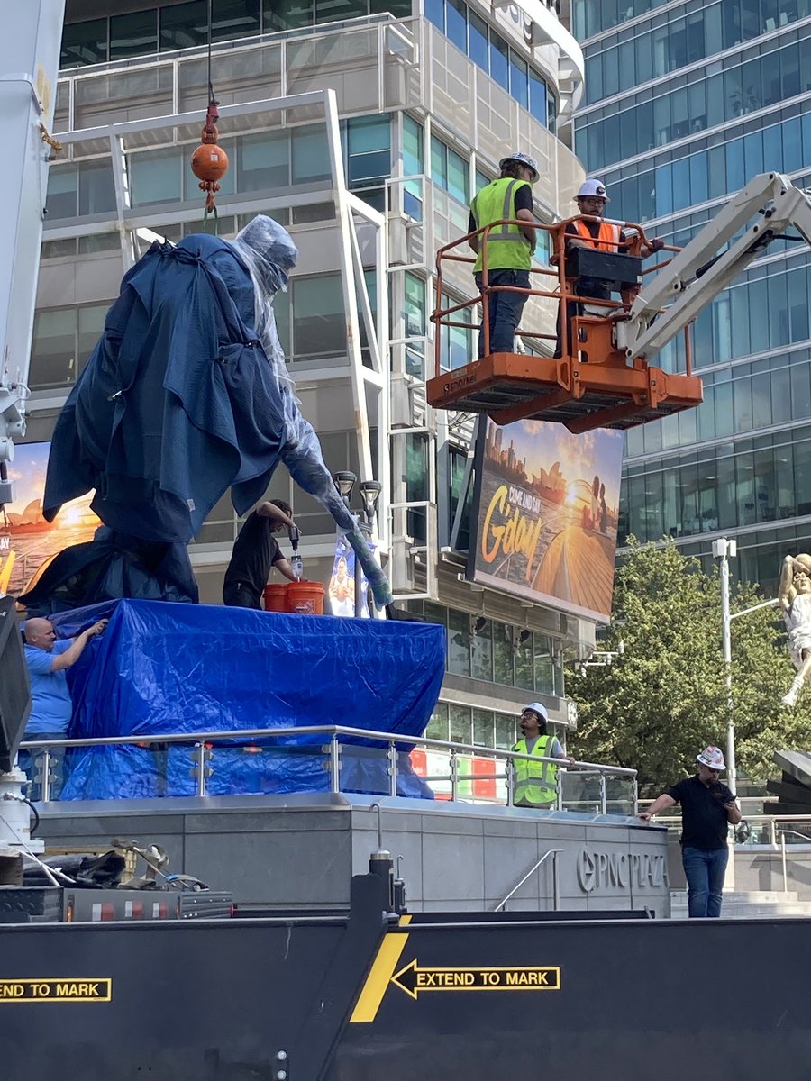 The Mike Modano statue being readied for its unveiling Saturday at the American Airlines Center