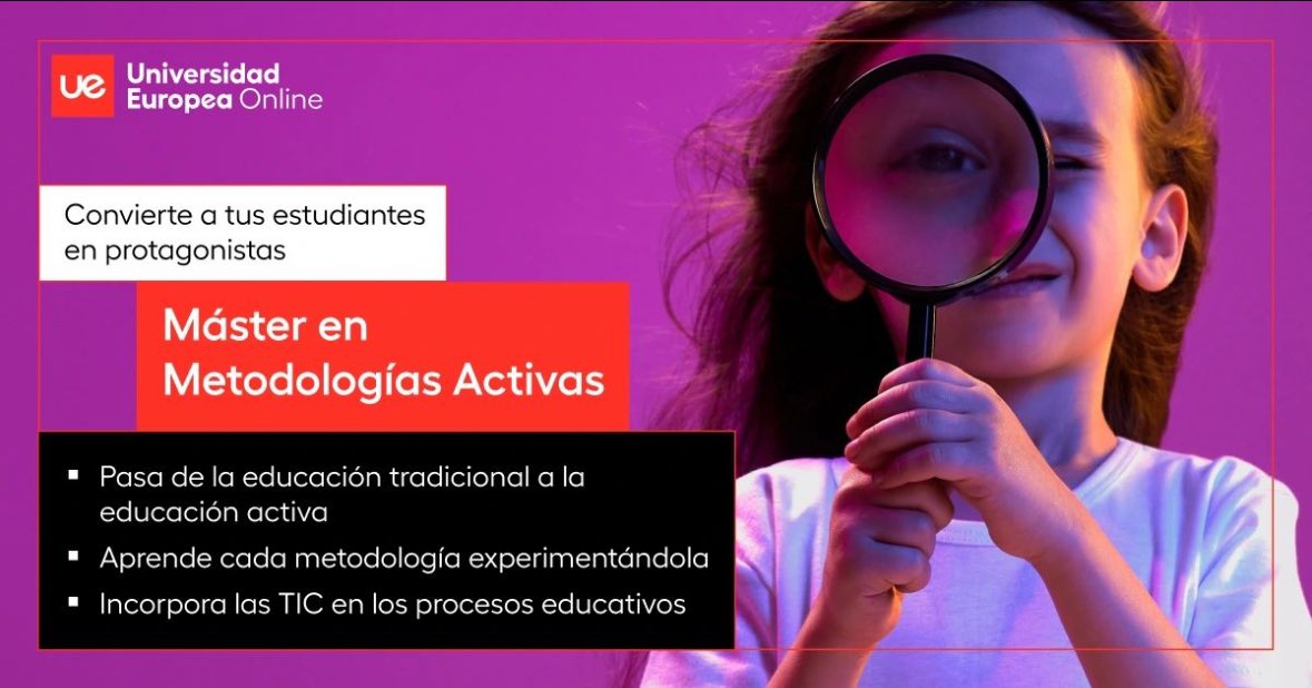 Después del éxito de la primera edición de este máster ya está aquí la segunda convocatoria de la @UEuropeaOnline. Si estás buscando ampliar tu formación con un máster universitario oficial que te forme el uso de las Metodologías Activas… esto te interesa lnkd.in/etTW7JUS