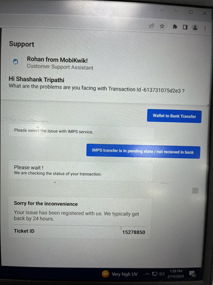 shashanktri0889's tweet photo. Hey @MobiKwikSWAT @MobiKwik please look into below ticket, this has already taken approximately 3 days and still showing as pending . How long do you expect a customer to wait for a failed txn. https://t.co/oI4iV5ORh0