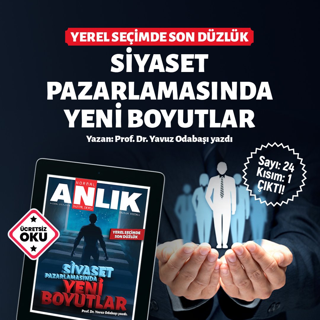 YEREL SEÇİMDE SON DÜZLÜK

Prof. Dr. <a href="/yavuzodabasi/">Yavuz Odabasi</a>'nın, Mart 2024 yerel seçimleri yaklaşırken siyasi ittifakları ve siyaset pazarlamasının yeni boyutlarını incelediği yazısını Anlık Normal'in yeni sayısında okuyabilirsiniz.

#yerelseçim #ittifak #iletişim 

normaldergi.com/sayilar/sayi-2…
