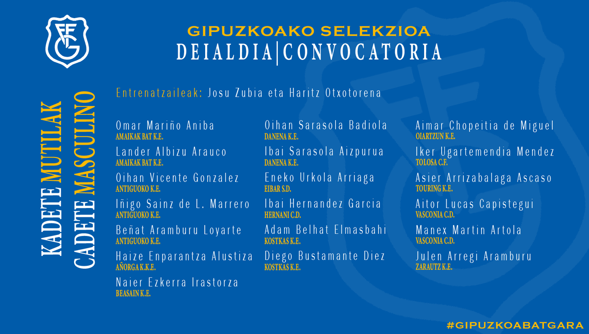gipuzkoafutbola's tweet photo. 🔵⚪️ 𝐊𝐀𝐃𝐄𝐓𝐄 𝐌𝐔𝐓𝐈𝐋𝐄𝐍 𝐆𝐈𝐏𝐔𝐙𝐊𝐎𝐀𝐊𝐎 𝐒𝐄𝐋𝐄𝐊𝐙𝐈𝐎𝐀

Hona hemen Josu Zubia eta Haritz Otxotorena hautatzaileek deitu dituzten jokalariak.

🔗 Informazio guztia: https://t.co/imRU3pEYAw

#GipuzkoaBatGara https://t.co/aciqvKWTYo