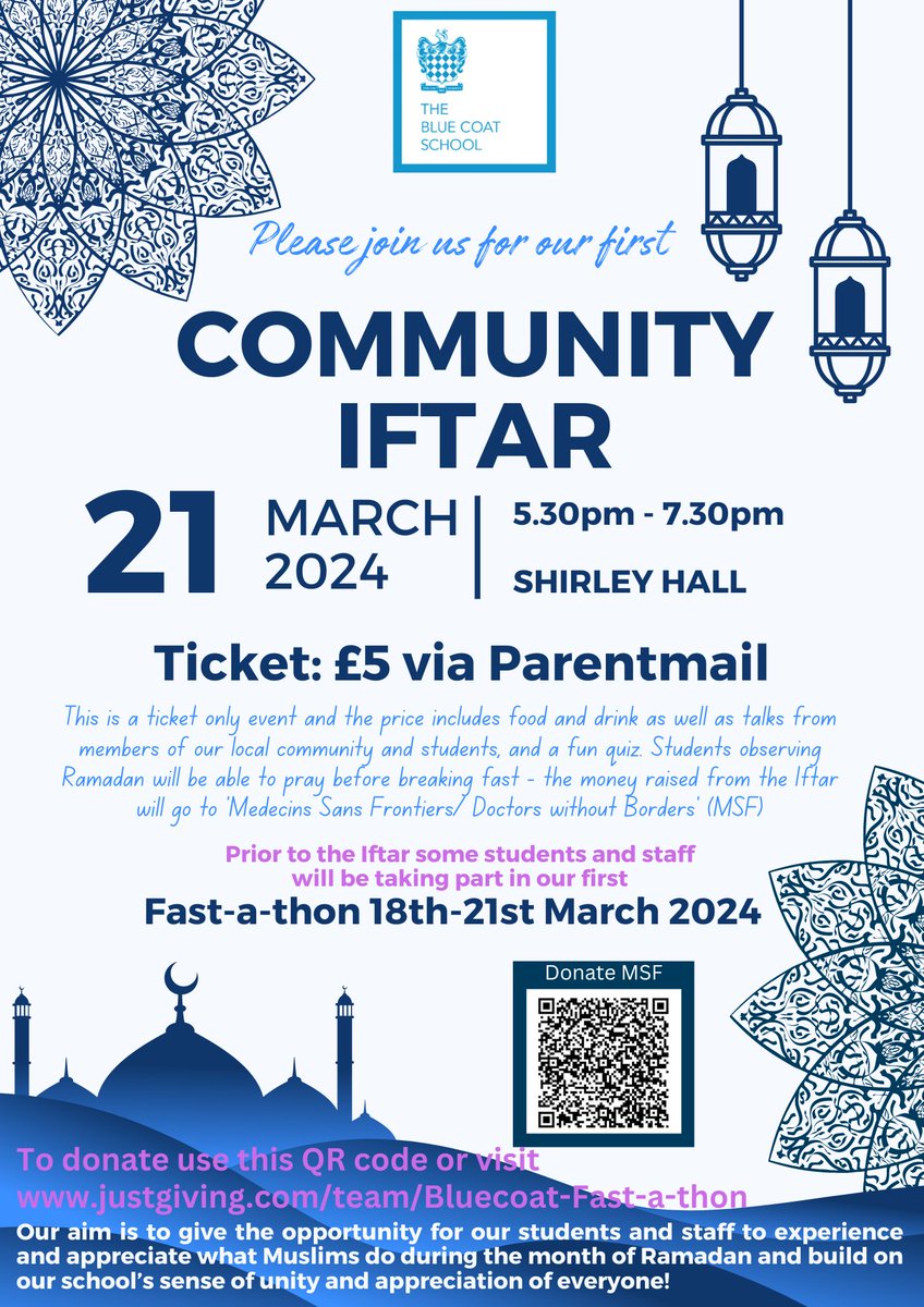 Tickets are now on sale for the Community Iftar on Thursday 21st March. The price includes food and drink, as well as talks from our local community and students and a fun quiz. All money raised will go to Medicins Sans Frontiers🌙✨