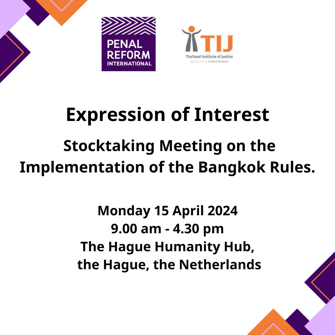 Hosted by TIJ and PRI, the Stocktaking Meeting on the Implementation of the #BangkokRules will be held in the Hague on 15 April 2024. For attendees of the World Probation Congress interested in joining, please find the registration link here: forms.gle/PBsF2nrYSwj6QS…