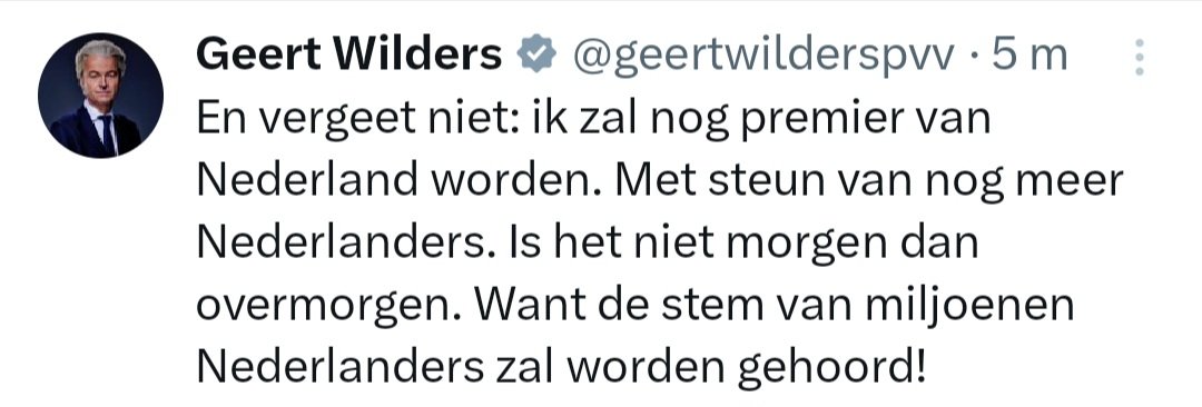 marcelbar8's tweet image. Ik lees nu al tweets dat Geert #Wilders 'n staatsman is door af te zien van 't premierschap. 
Het moet toch niet gekker worden na 20 jaar tweespalt zaaien. Bovendien gokt Wilders op de toekomst👇 en is hij vanochtend weer boos op NSC en VVD omdat die hem de baan hebben ontnomen.