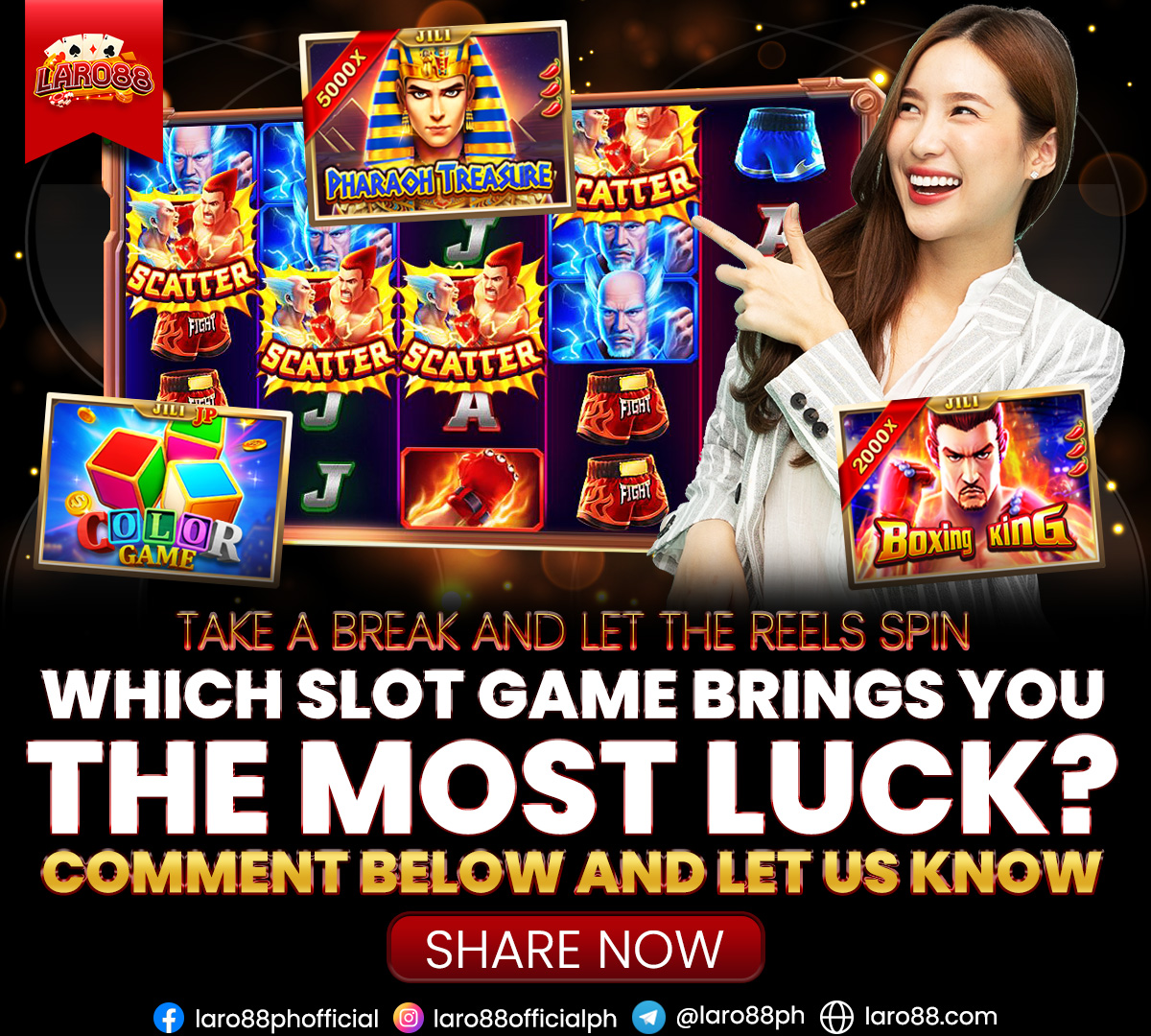 laro88official's tweet photo. Take a well-deserved break and let the reels of our slot games transport you to a world of luck and excitement! We want to know: which slot game has been your ultimate lucky charm? Share in the comments below the name of the slot game that has brought you remarkable wins! https://t.co/GuiRS50wYV