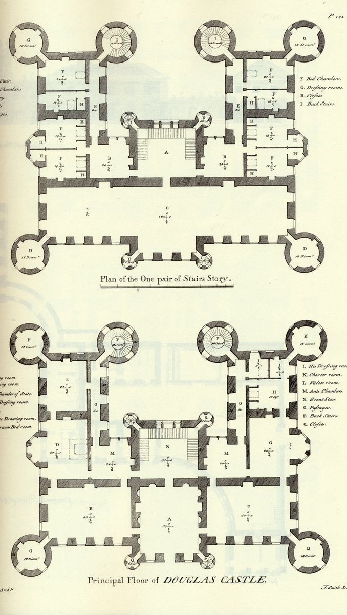 Elevations and plans for the lost Douglas Castle in Lanarkshire from 'Vitruvius Scoticus' by Wiliam Adam. @CamnethanPriory