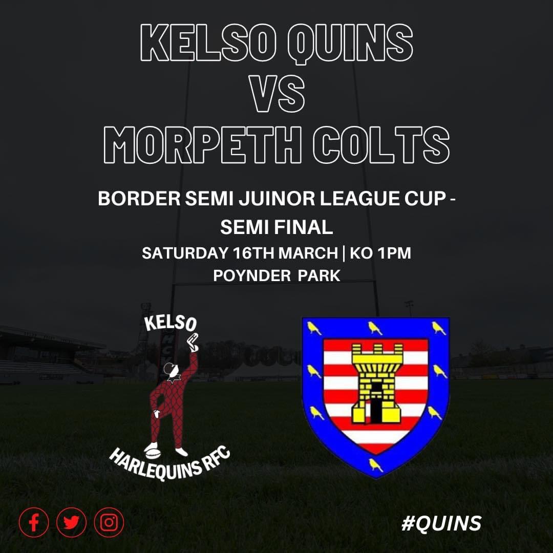 ⚫️⚪️ KELSO QUINS VS MORPETH COLTS ⚫️⚪️ After a 31-18 win over Gala Wanderers last night, Kelso Quins will face Morpeth Colts on Saturday at Poynder Park in the Border Semi Junior League Semi Final. 📍 Poynder Park ⏰ KO 1pm Head down to Poynder and support the Quins! ⚫️⚪️