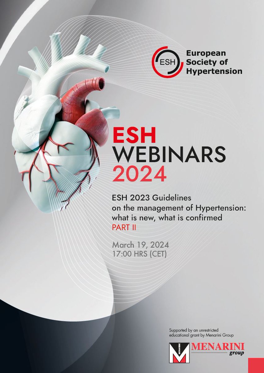 Make sure to register for our 2nd webinar on the '2023 ESH Guidelines on the Management of Arterial Hypertension' supported by Menarini. 📅March 19, 2024 at 17:00 CET Program & registration 👉bit.ly/49bkrBA @ESH_Annual @KreutzReinhold