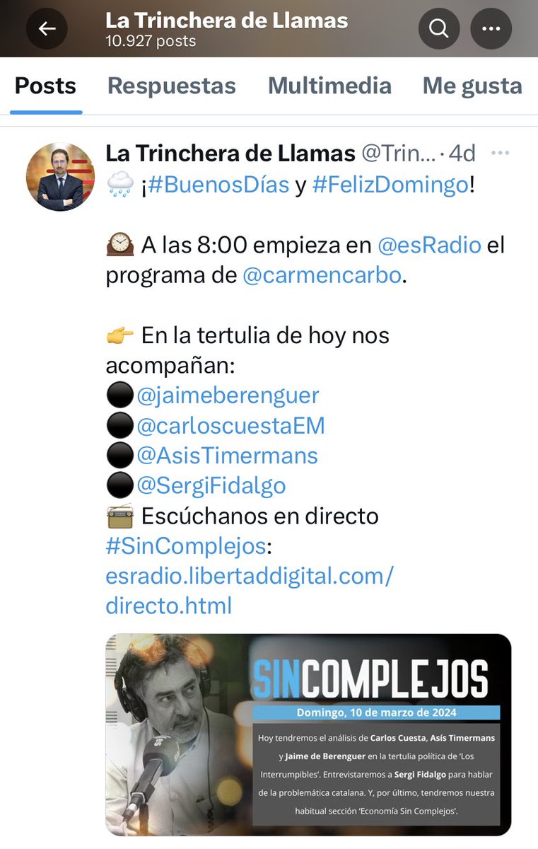 @anamstafford @lanochededieter @manuel_llamas @esRadio Es alucinante…😡😡😡 

@manuel_llamas esta suplantación es una estafa a los oyentes… Yo seguía a #SinComplejos no a Ud ni a su programa😡😡

DEJO DE SEGUIR A ESTA CUENTA q se ha apropiado de los seguidores de #SinComplejos