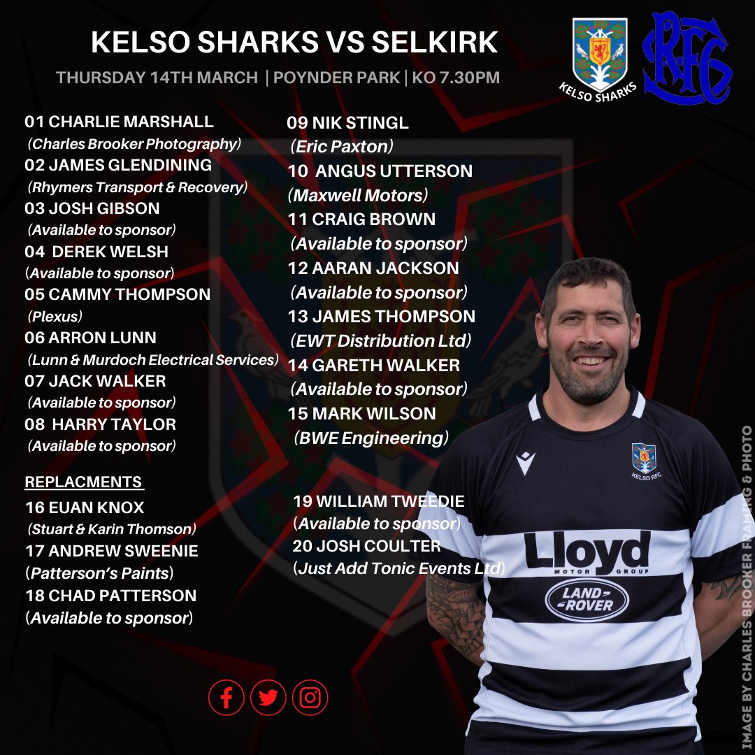 ⚫️⚪️ SQUAD ANNOUNCEMENTS ⚫️⚪️ Kelso Sharks have a game at home against Selkirk RFC this evening. 📍Poynder Park ⏰ KO 7.30pm Good luck to the Sharks 🦈 ⚫️⚪️ #oneclub #onecommunity #blacknwhitejersey