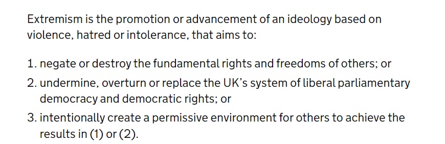 Quick thread on the expanded definition of extremism announced today, what it means, where it sits and how we could respond. The definition in full below replaces the existing definition from 2011 - the former focused on action, this one on ideology gov.uk/government/new…