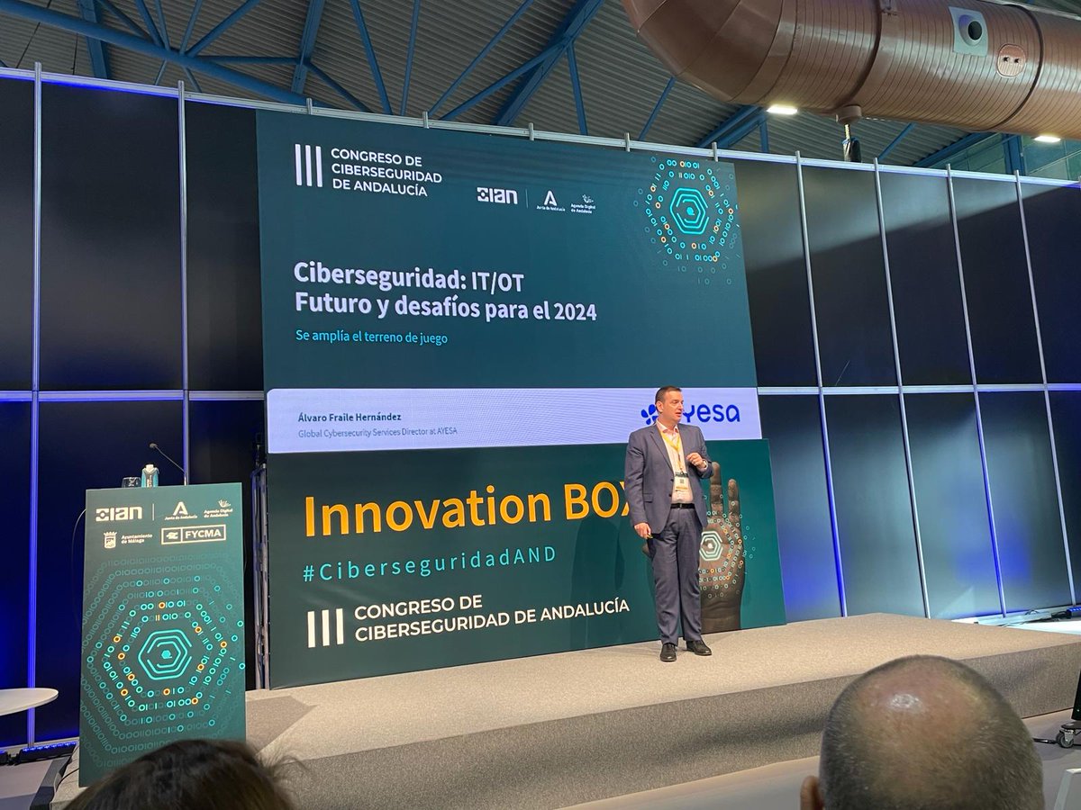 AyesaNews's tweet photo. ⭐ Se está celebrando en #Málaga #CiberseguridadAND, cita imprescindible para empresas y agentes relevantes en #ciberseguridad.

▶ Allí contamos con un stand y la ponencia de @AlvaroFraile_, que repasa cómo hacer frente a la creciente cantidad de ciberamenazas. https://t.co/NllARXu8BQ