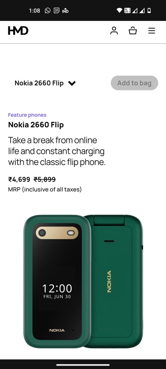 TejoSatwik's tweet photo. @nokia @NokiaIndia @HMDdevicesIN when are you planning to get this color back in stock, nokia 2660 lush green flip? https://t.co/dhKtDB2OPS